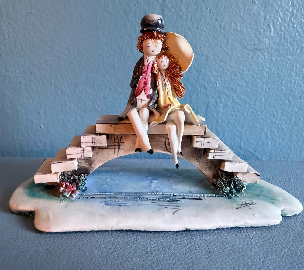 Vintage Signed Zampiva Italian Figurine Boy & Girl on Bridge 7" Handcrafted